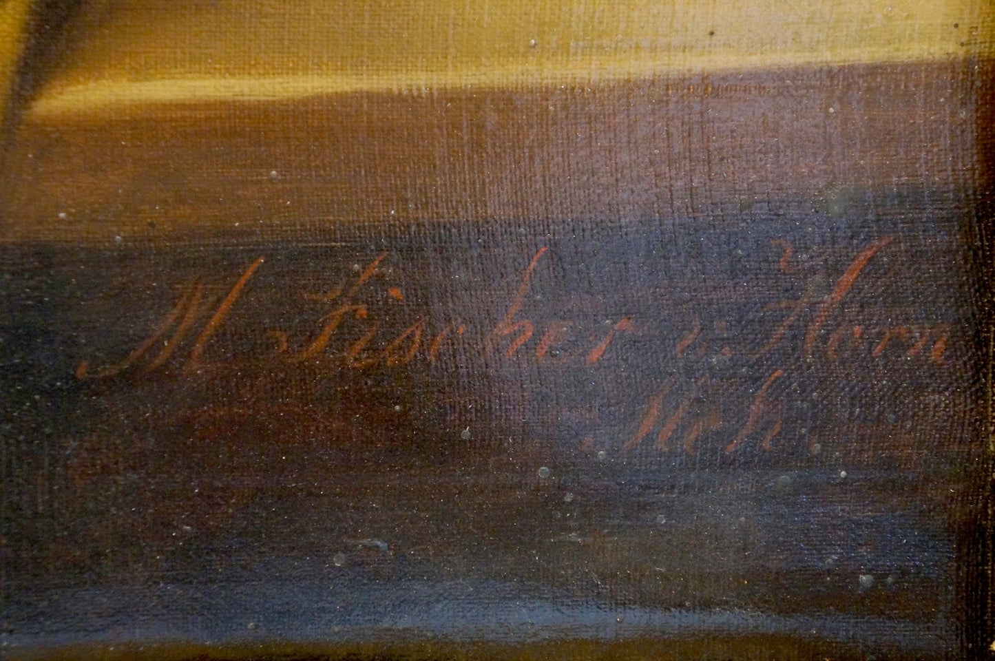 Back of oil painting Still life with fruit dark textured canvas reddish-brown signature