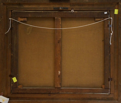 Back of dark wooden frame for Oil painting Still life with fruit, white string
