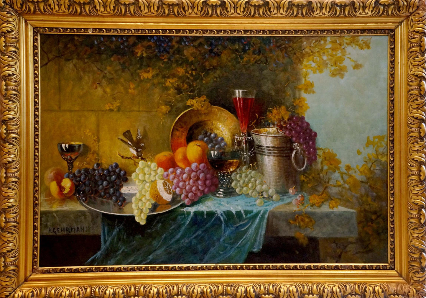 Oil painting still life with grapes, oranges, wine glasses in ornate gold frame