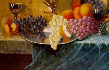 Oil painting still life with grapes: silver tray of grapes, oranges, sliced lemon