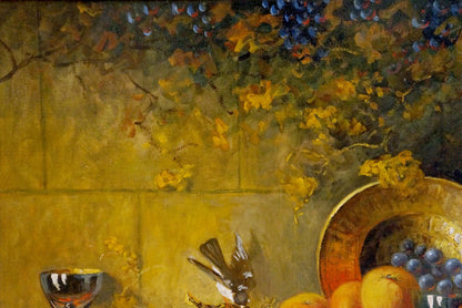 Oil painting still life with grapes: golden bowl of purple grapes and orange fruits on yellow surface