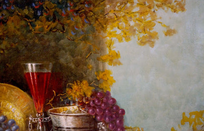 Oil painting still life with grapes in ornate silver bucket
