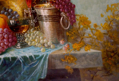 Oil painting still life with grapes in shiny silver ice bucket