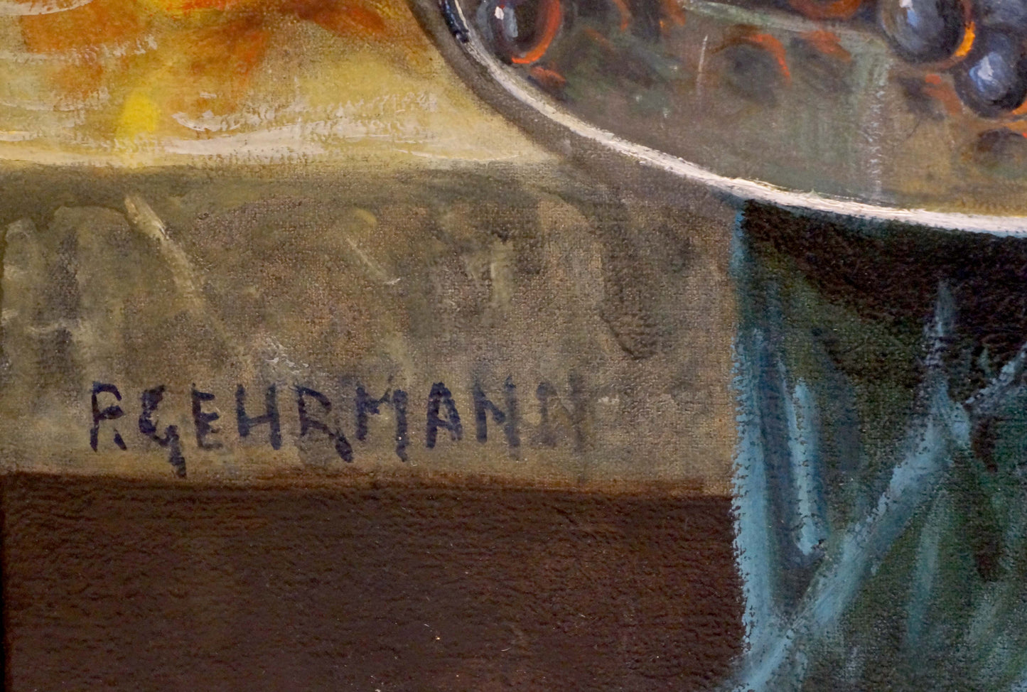 Back of oil painting Still life with grapes showing r. signature