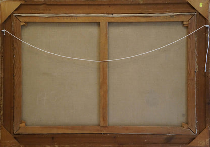 Back of oil painting Still life with grapes on light brown wooden frame with crossbar