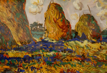 Vibrant textured oil painting of golden haystacks by Filatov Vladimir Nikolaevich