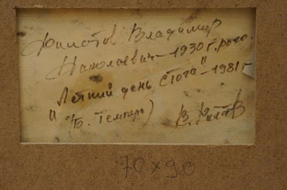 Back of Tempera painting Summer day by Filatov Vladimir Nikolaevich, faded cursive label in frame