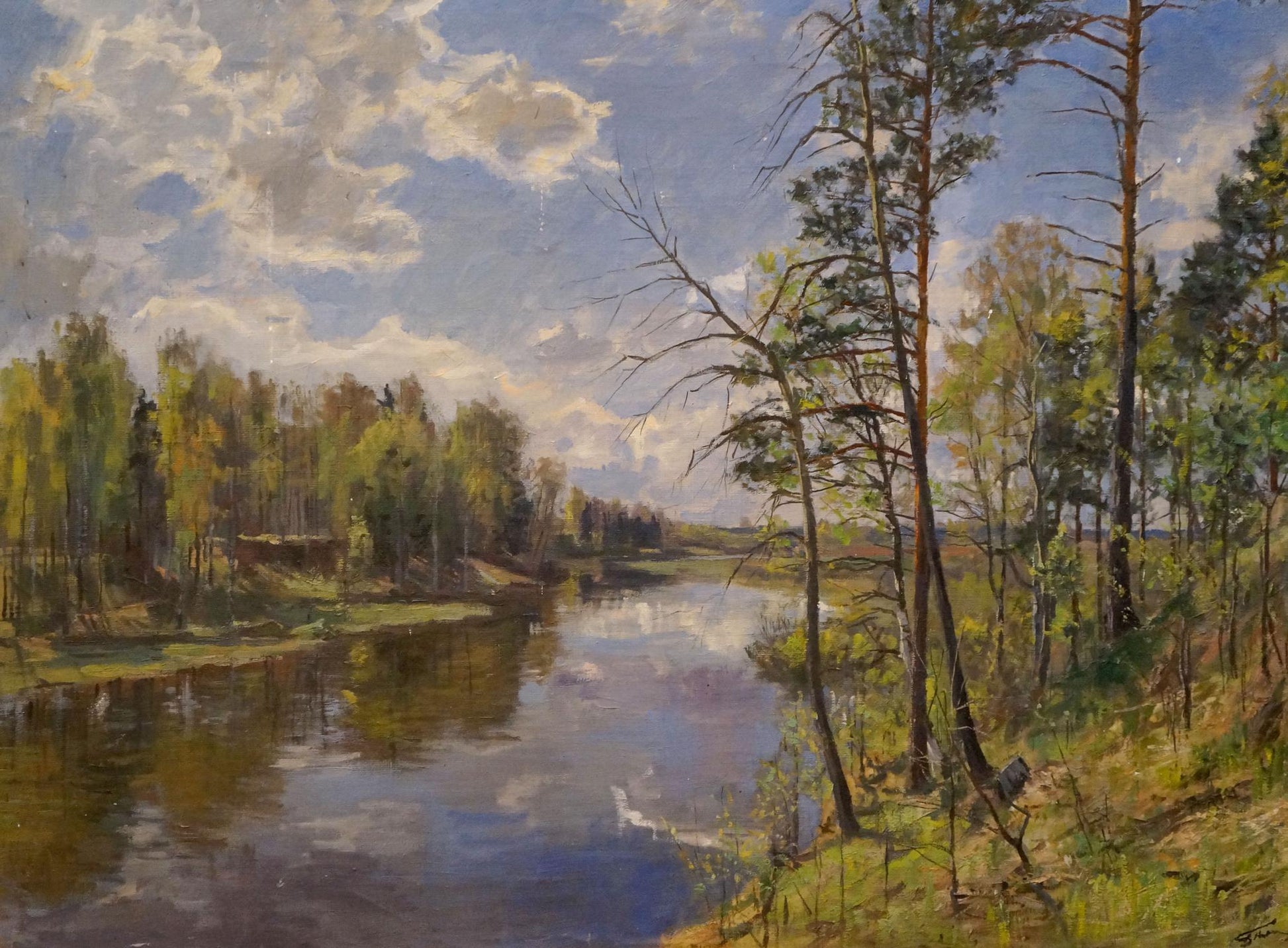 Oil painting of serene river in lush green forest by Petrov Boris Stepanovich