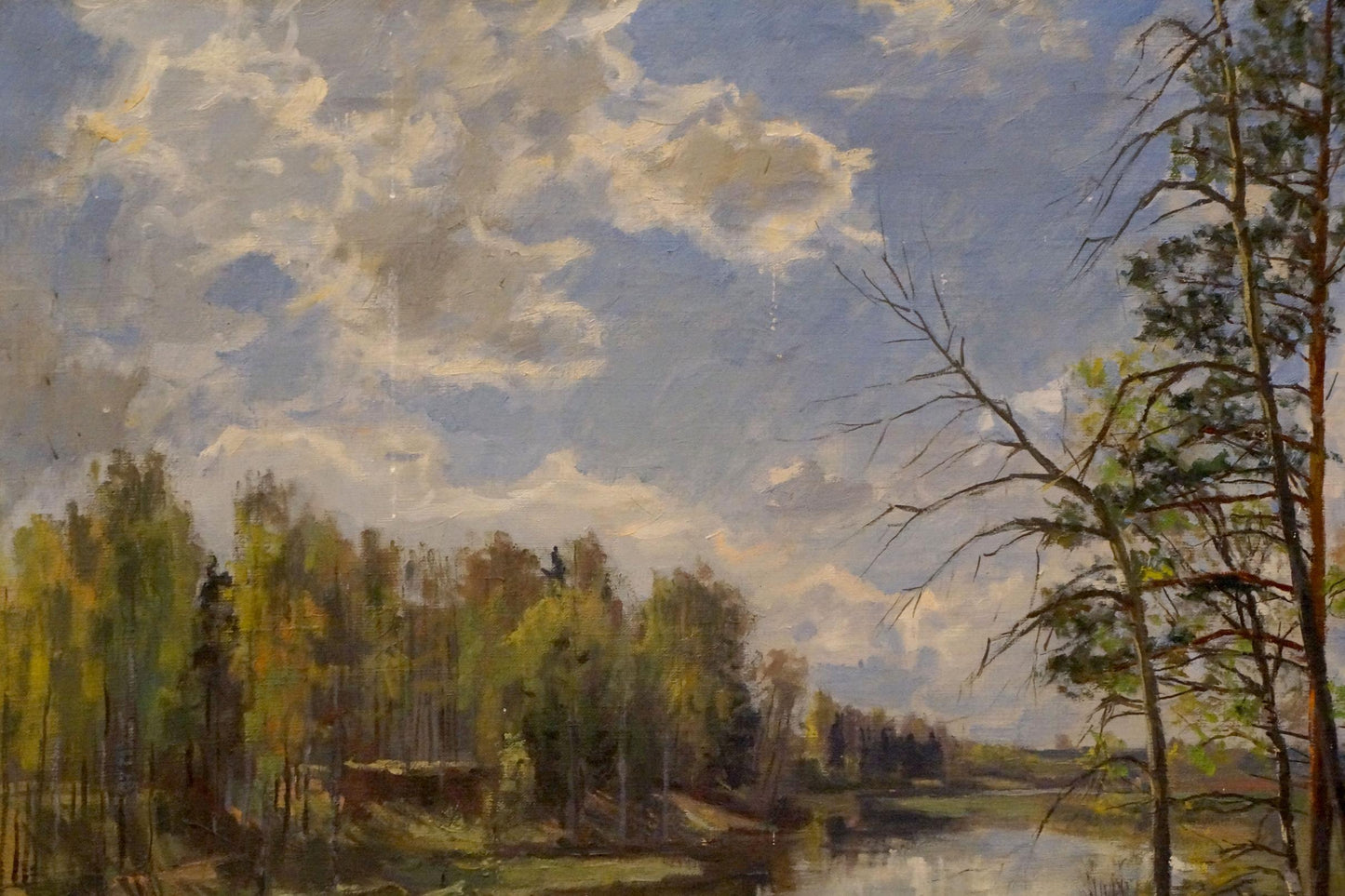 Oil painting of serene forest landscape with river by Petrov Boris Stepanovich