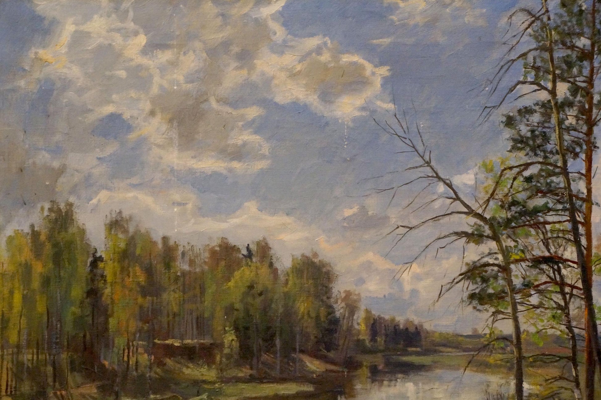 Oil painting of serene forest landscape with river by Petrov Boris Stepanovich