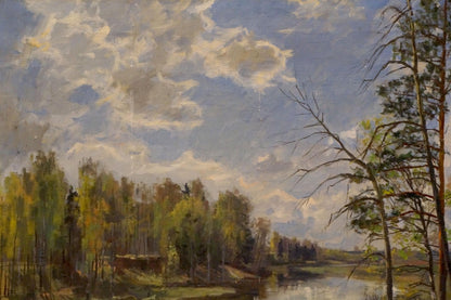 Oil painting of serene forest landscape with river by Petrov Boris Stepanovich