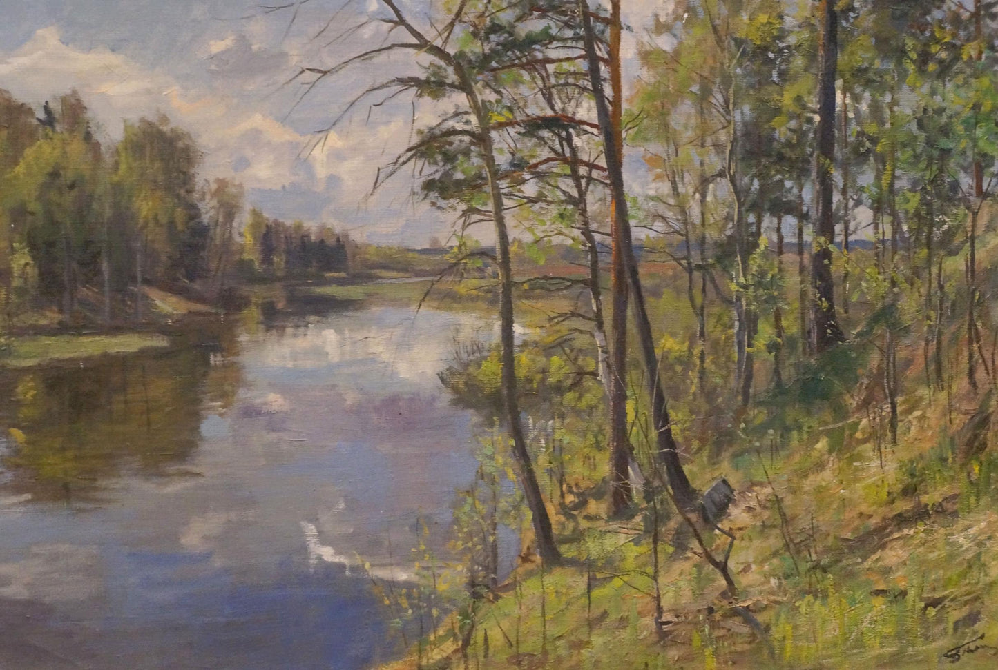 Serene impressionistic oil painting of forest river landscape by Petrov Boris Stepanovich
