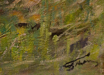 Oil painting of forest landscape by Petrov Boris Stepanovich, textured impasto greens