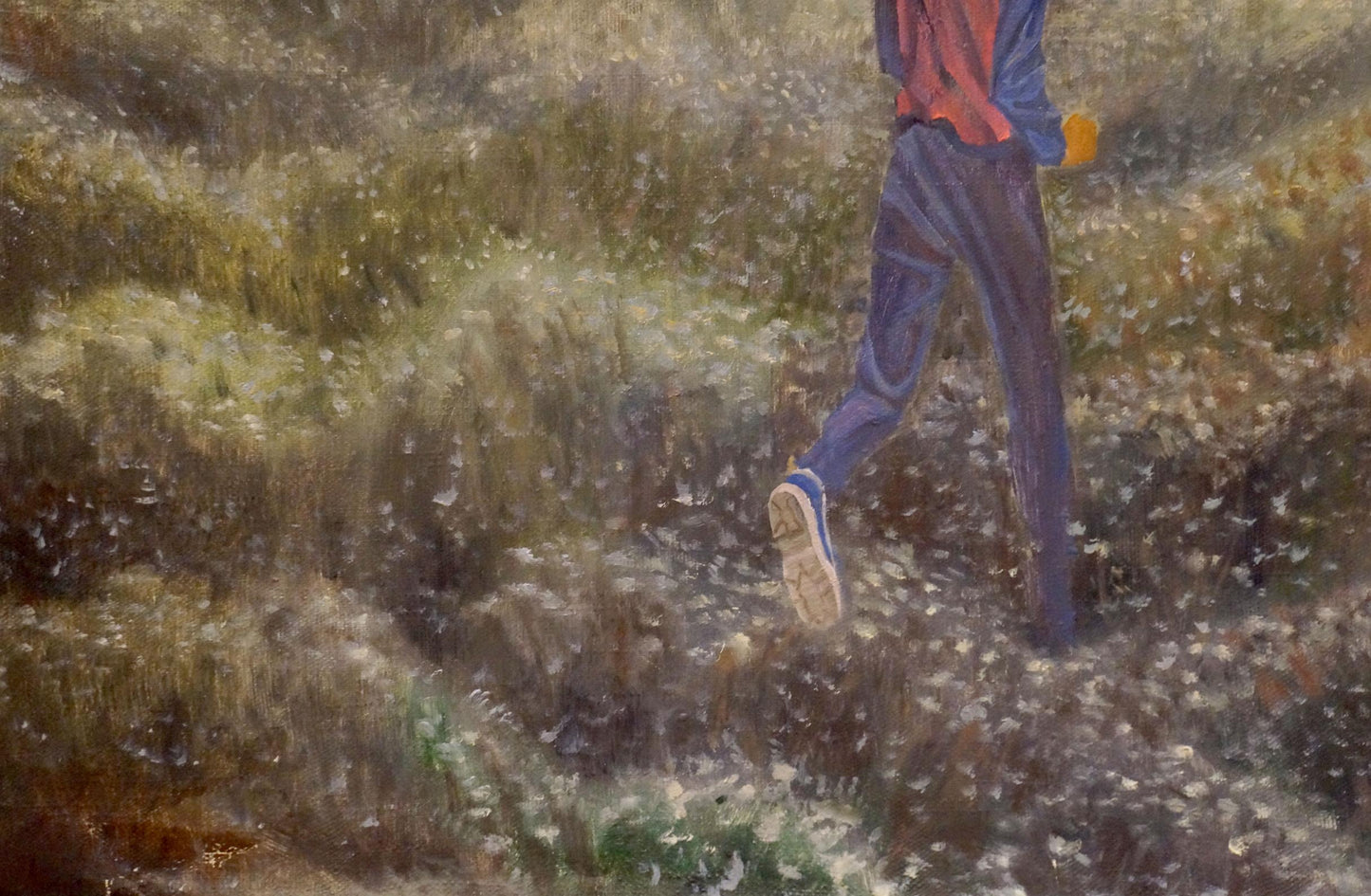 Oil painting of boy mid-stride in tall grass by Chernikov Nikolay Vladimirovich