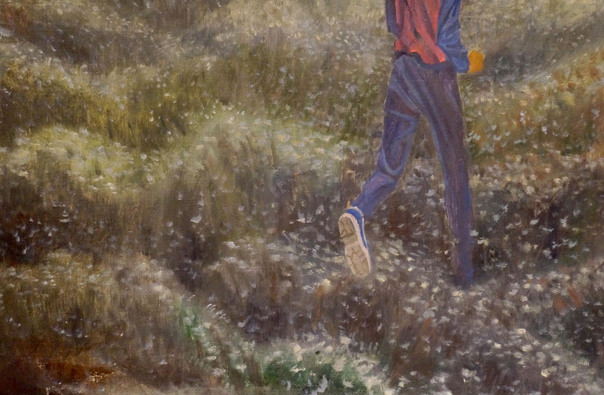 Oil painting of boy mid-stride in tall grass by Chernikov Nikolay Vladimirovich