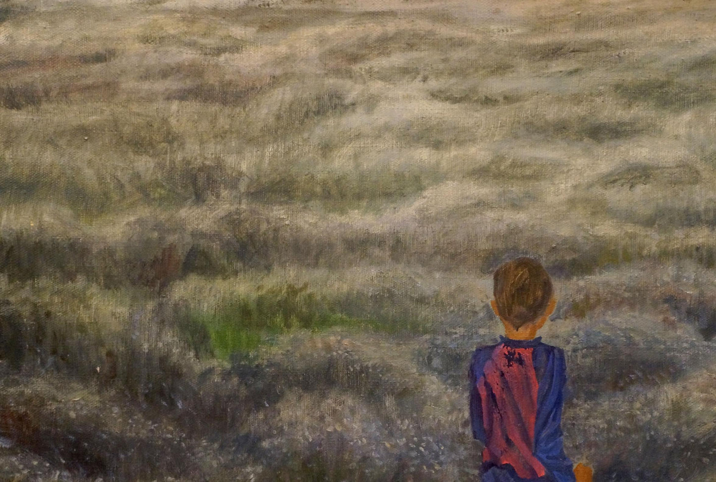 Oil painting of boy in striped shirt gazing over field, back view by Chernikov Nikolay Vladimirovich