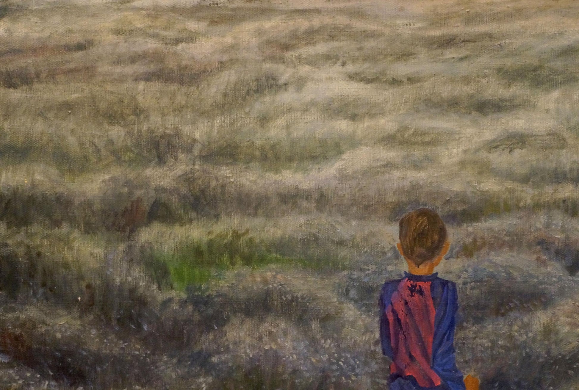 Oil painting of boy in striped shirt gazing over field, back view by Chernikov Nikolay Vladimirovich
