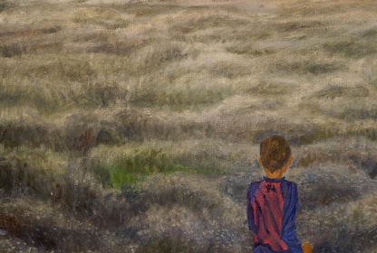 Oil painting of boy in striped shirt gazing over field, back view by Chernikov Nikolay Vladimirovich