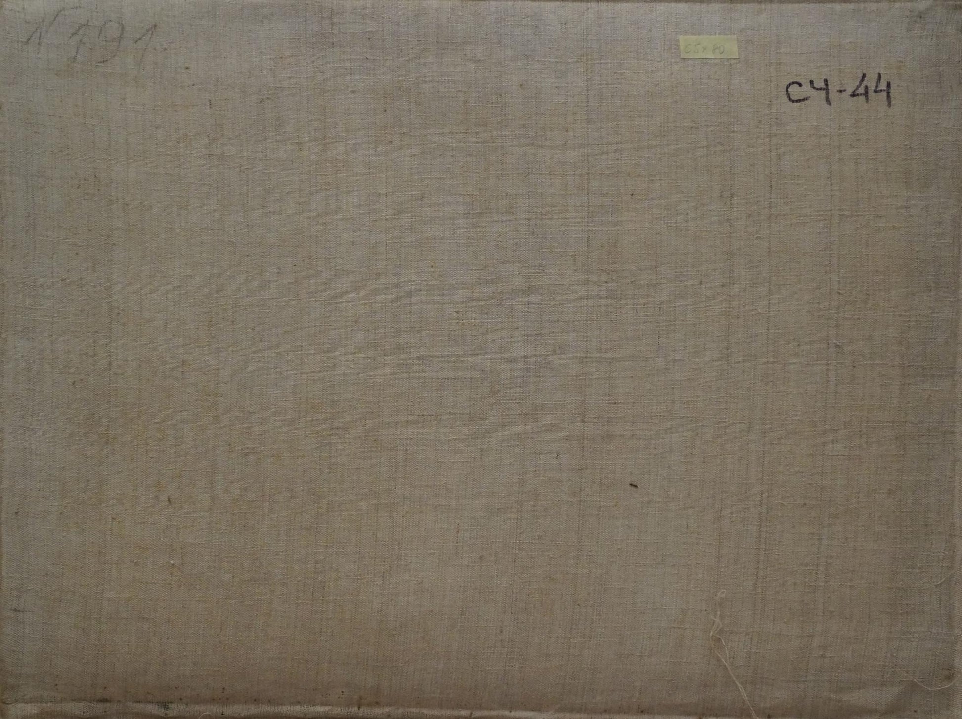 Back of oil painting Boy in the field by Chernikov Nikolay Vladimirovich on beige linen canvas with yellow label