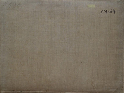 Back of oil painting Boy in the field by Chernikov Nikolay Vladimirovich on beige linen canvas with yellow label