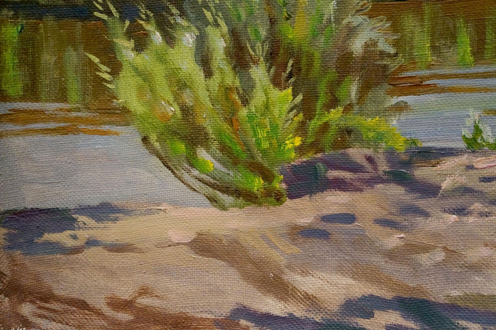 Oil painting of green bush with yellow accents on sand by Chernikov Nikolay Vladimirovich