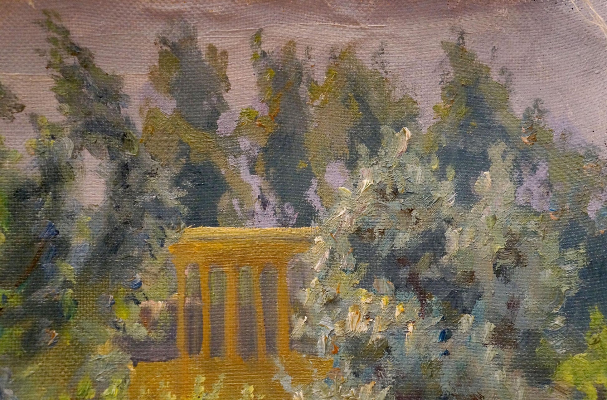 Oil painting of golden-yellow columns in lush foliage by Chernikov Nikolay Vladimirovich