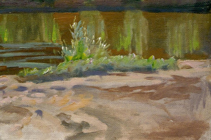Oil painting of river landscape with green foliage and blossoms by Chernikov Nikolay Vladimirovich