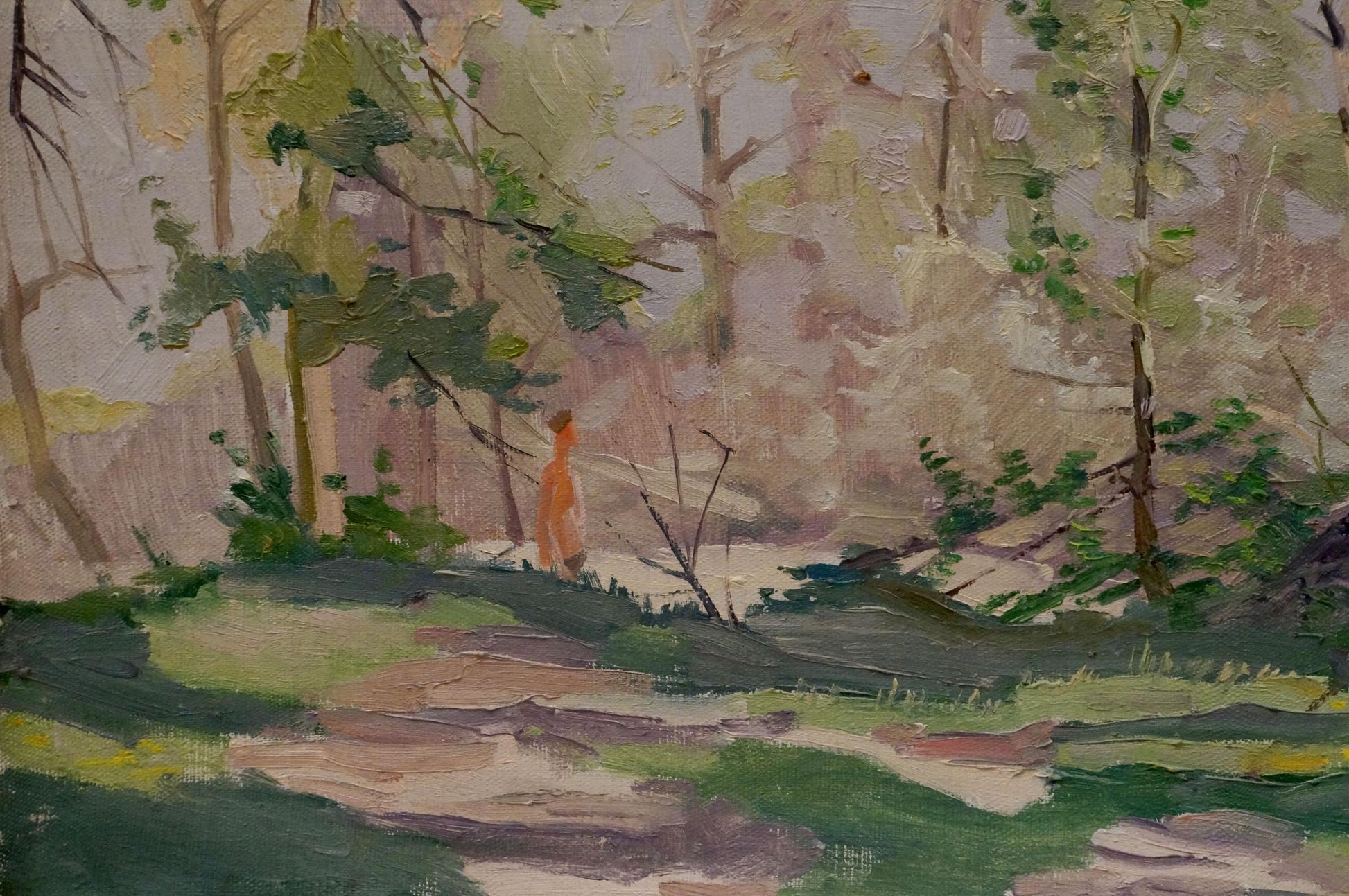 Oil painting by Nikolay Chernikov: woman in orange dress on forest path