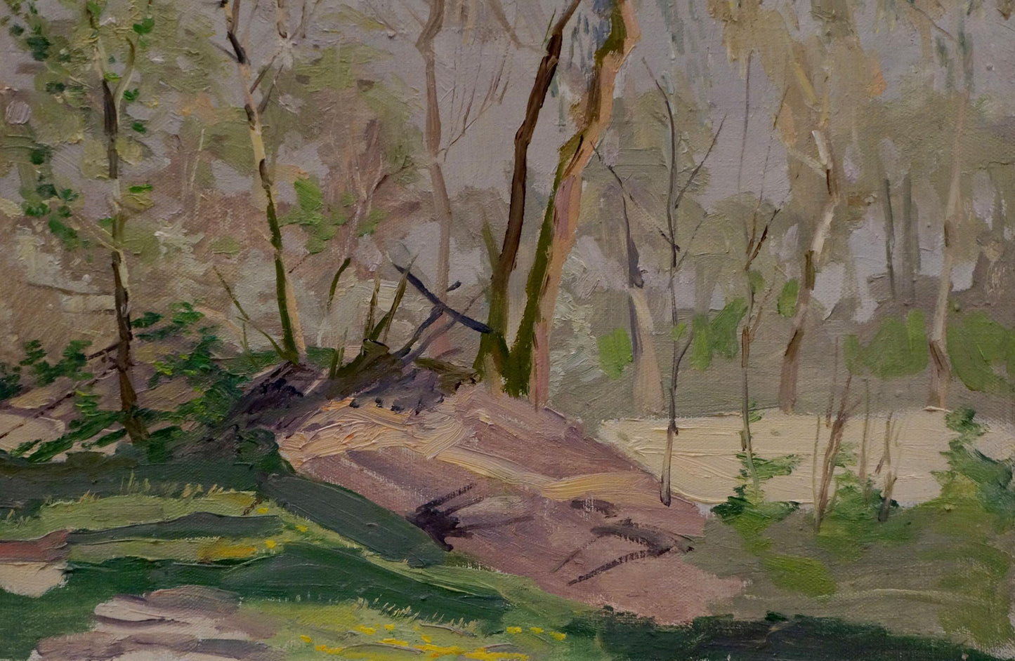 Oil painting of textured mossy rock with wildflowers by Nikolay Chernikov