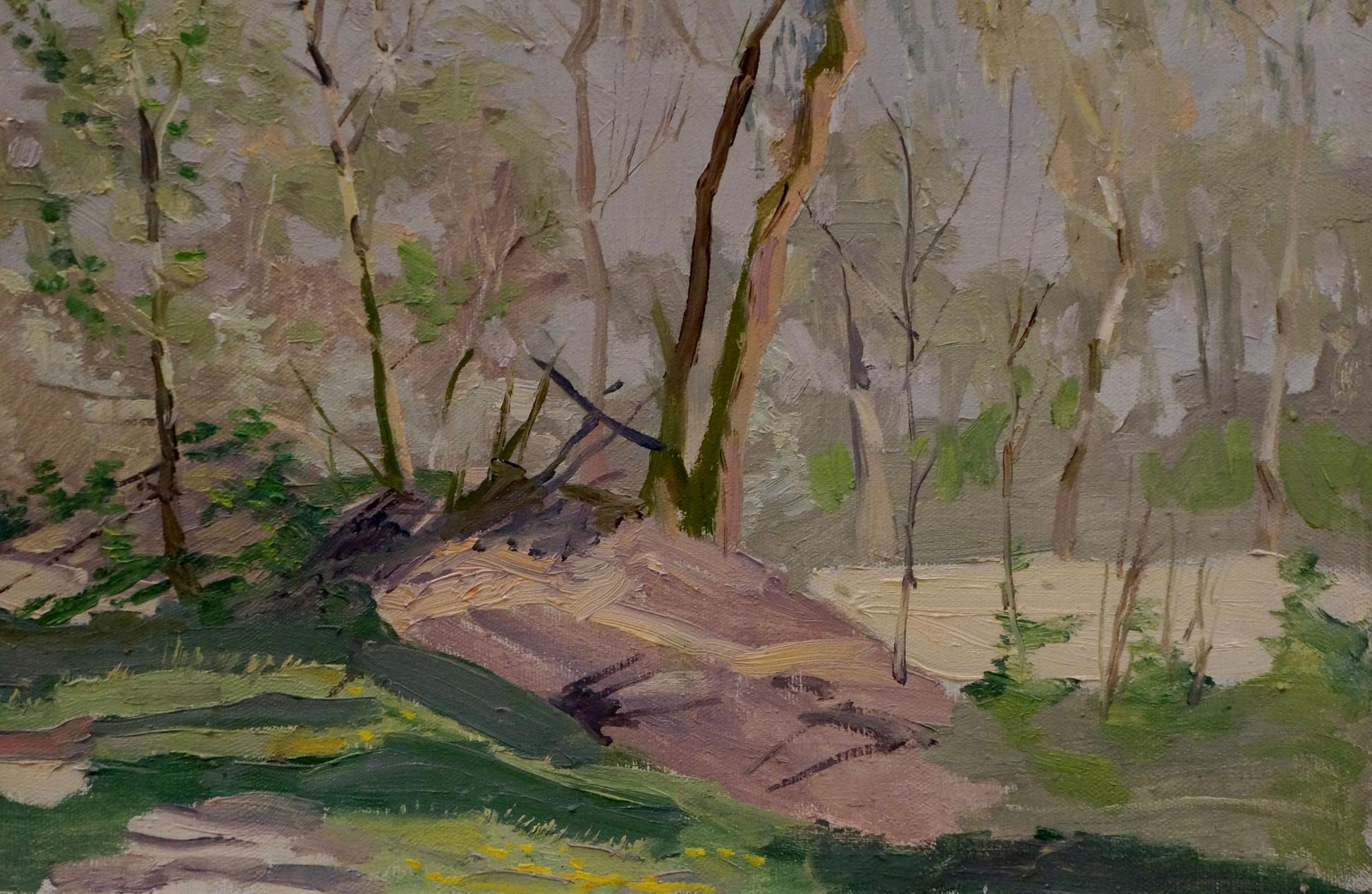 Oil painting of textured mossy rock with wildflowers by Nikolay Chernikov