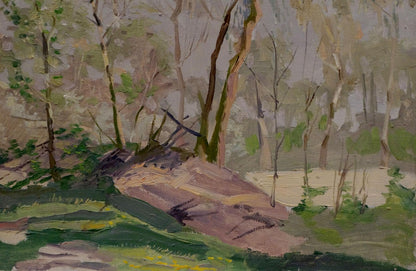 Oil painting of textured mossy rock with wildflowers by Nikolay Chernikov