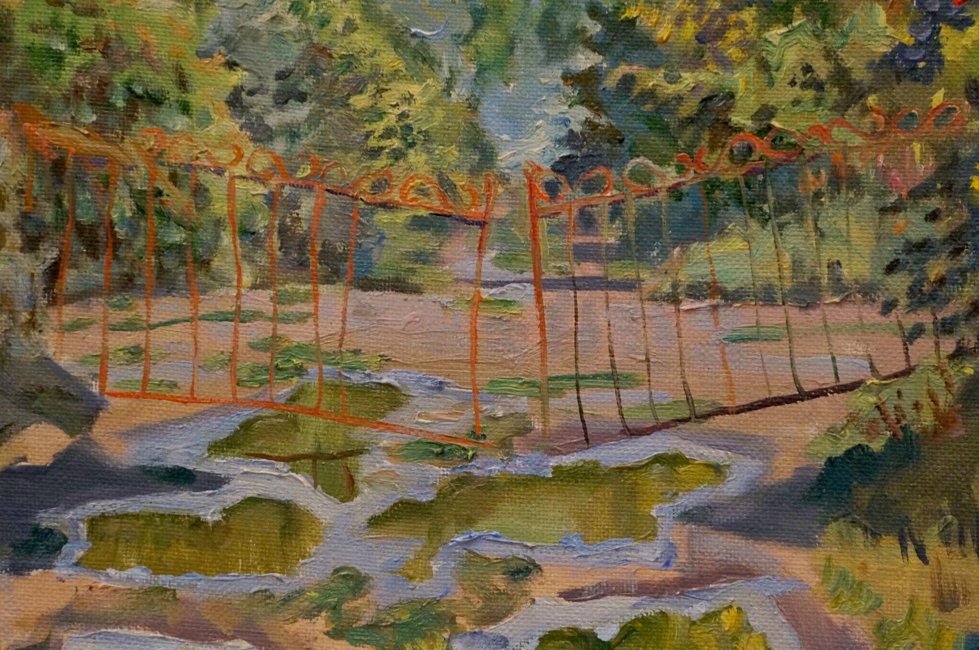 Oil painting of orange wrought iron gate in Nikolay Chernikov thicket summer park