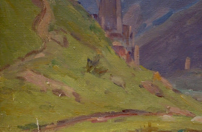 Oil painting To the Rain by Chernikov Nikolay Vladimirovich: green hillside, ruins, dusky sky