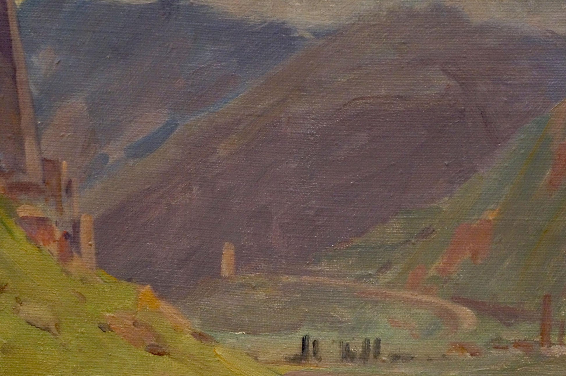 Oil painting To the Rain by Chernikov Nikolay Vladimirovich: rolling hills in muted greens and purples with winding road