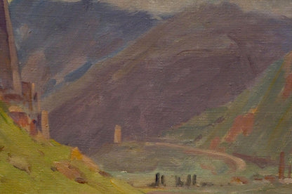Oil painting To the Rain by Chernikov Nikolay Vladimirovich: rolling hills in muted greens and purples with winding road