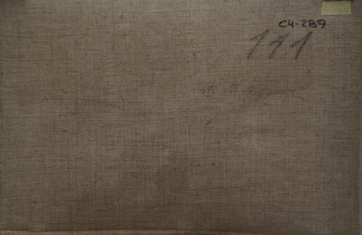 Back of oil painting To the rain by Chernikov Nikolay Vladimirovich with textured fabric and label