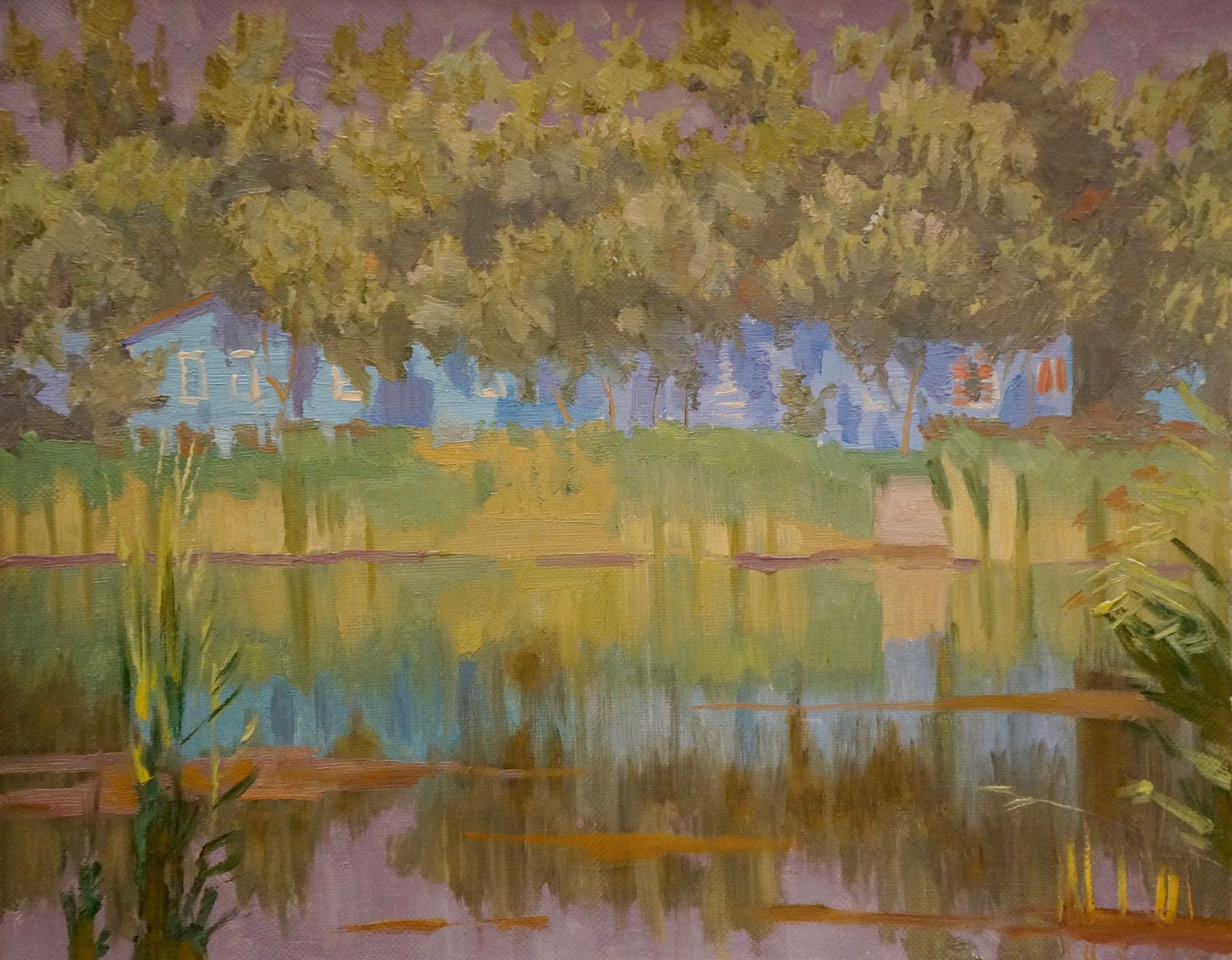 Serene impressionist oil painting by Chernikov Nikolay Vladimirovich of tranquil pond reflecting trees