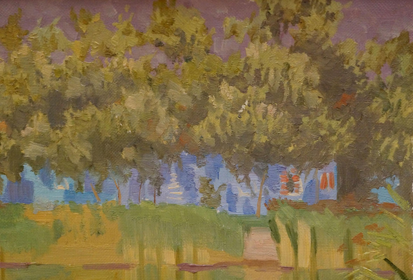 Vibrant impressionist oil painting by Chernikov Nikolay Vladimirovich with trees and purple sky