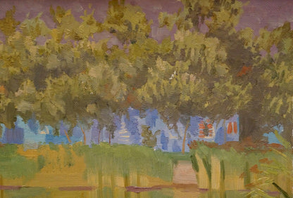 Vibrant impressionist oil painting by Chernikov Nikolay Vladimirovich with trees and purple sky