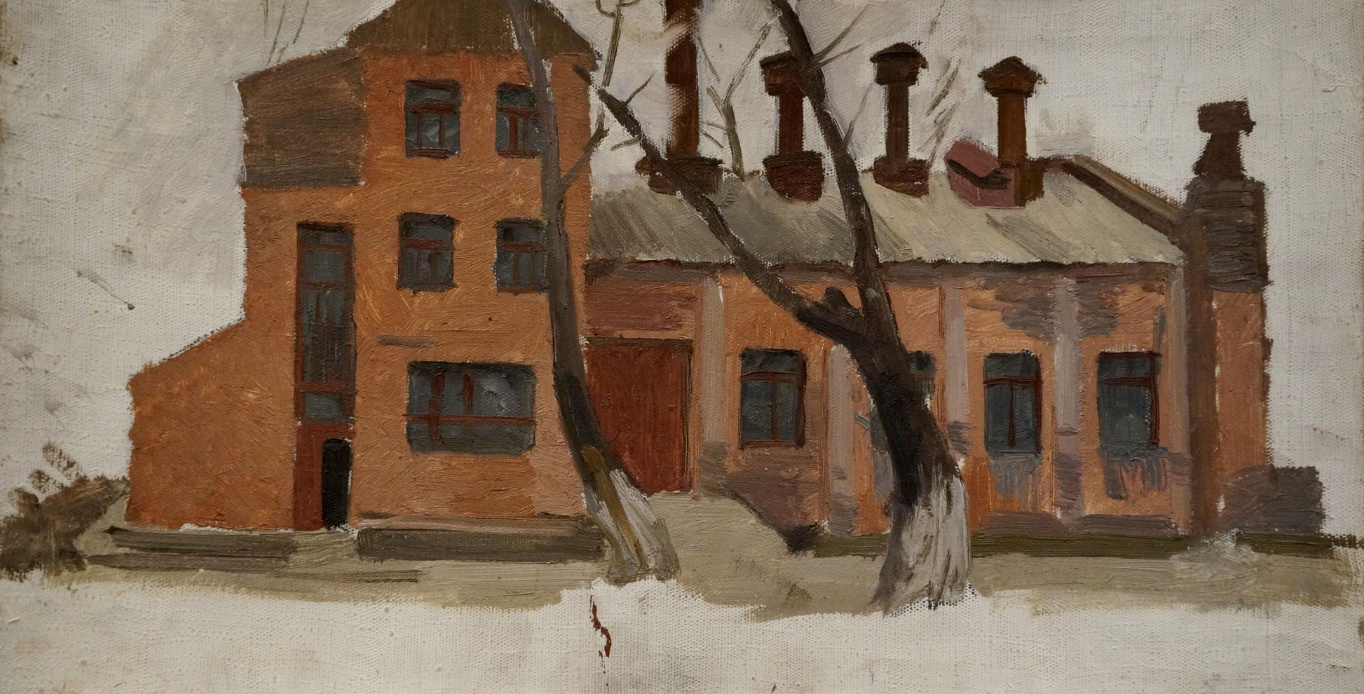 Oil painting by Chernikov Nikolay Vladimirovich: weathered brick house in snowy landscape