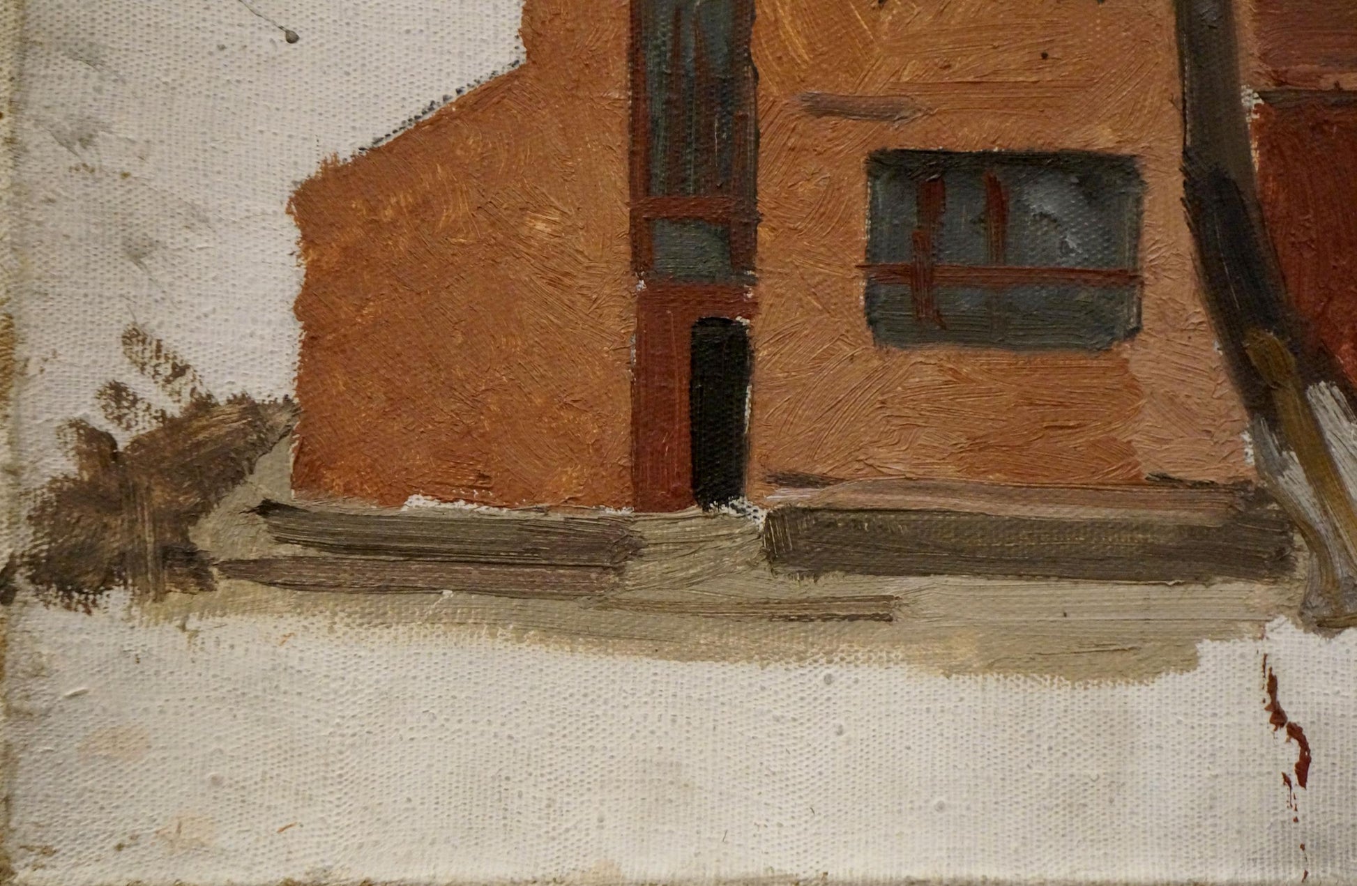 Oil painting In winter by Chernikov Nikolay Vladimirovich, rustic orange-brown building