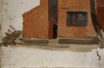 Oil painting In winter by Chernikov Nikolay Vladimirovich, rustic orange-brown building