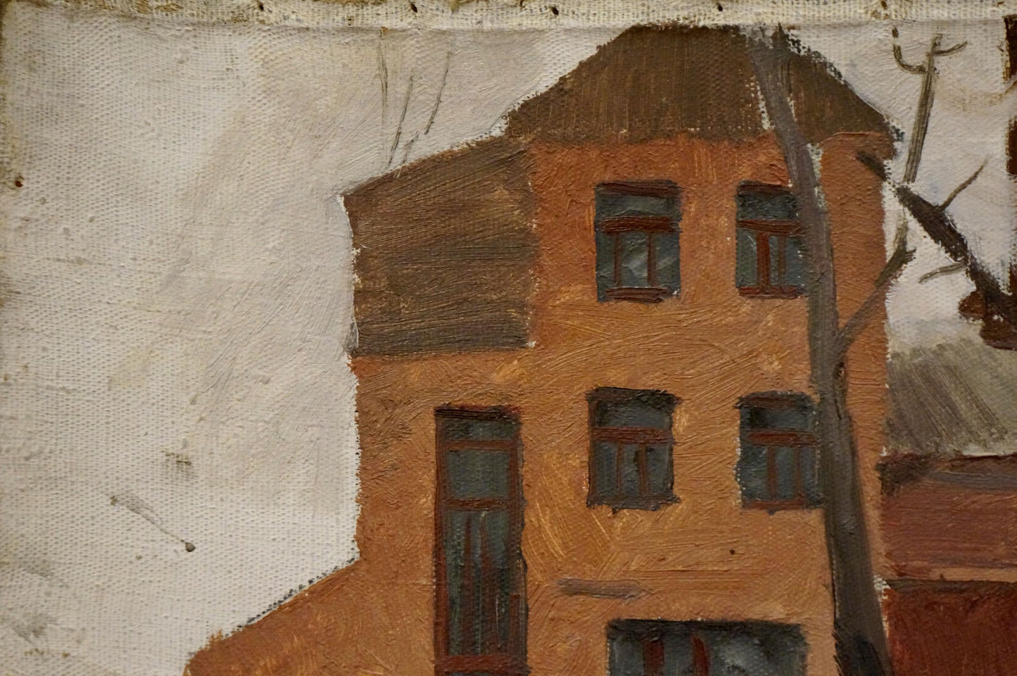 Impressionistic oil painting of orange two-story winter house by Chernikov Nikolay Vladimirovich