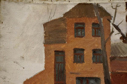 Impressionistic oil painting of orange two-story winter house by Chernikov Nikolay Vladimirovich