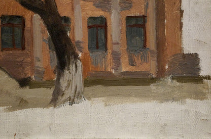 Oil painting by Chernikov Nikolay Vladimirovich: textured tree trunk before orange-brown facade