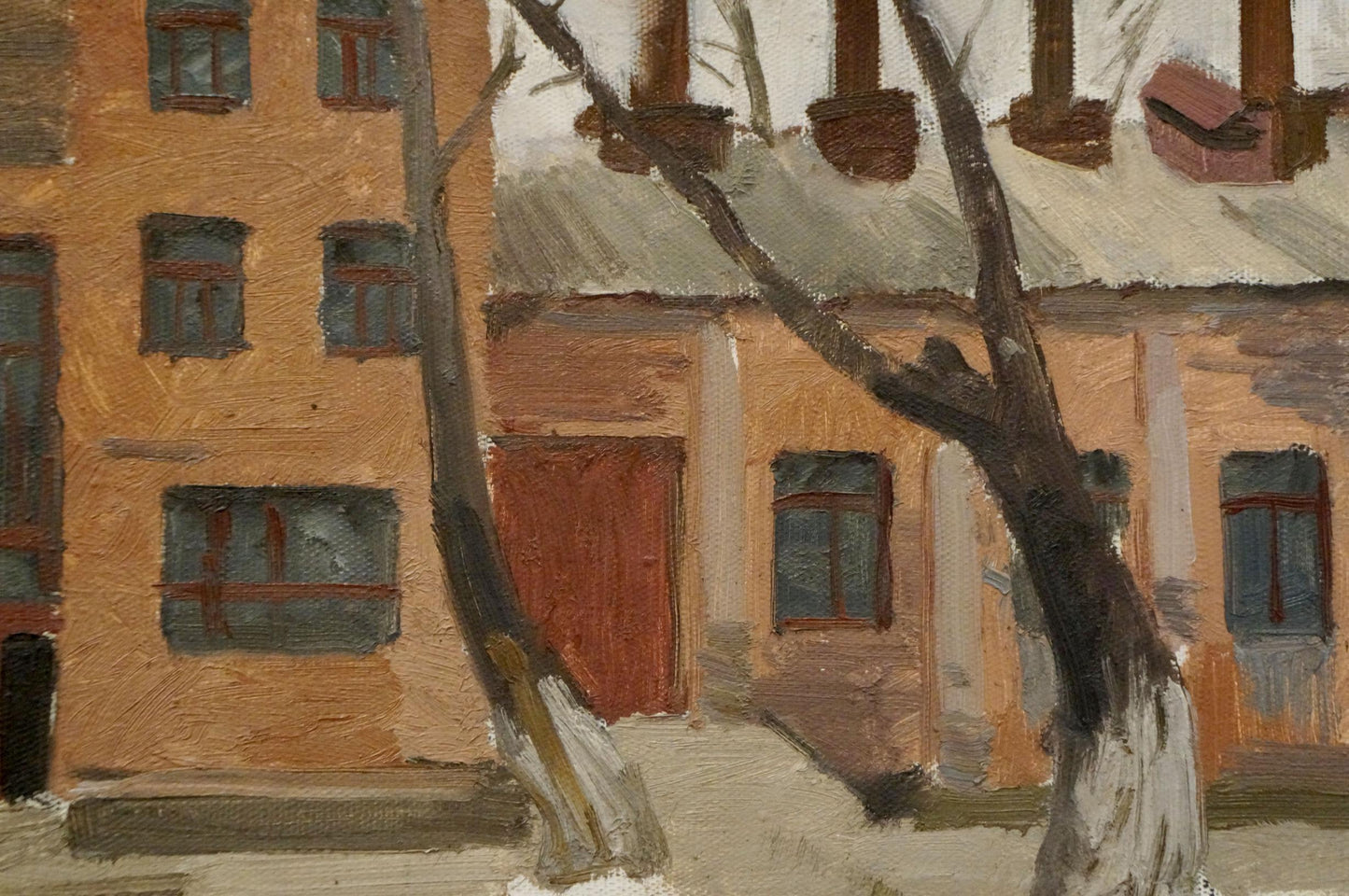 Winter oil painting by Chernikov Nikolay Vladimirovich of weathered tree before orange-brick building
