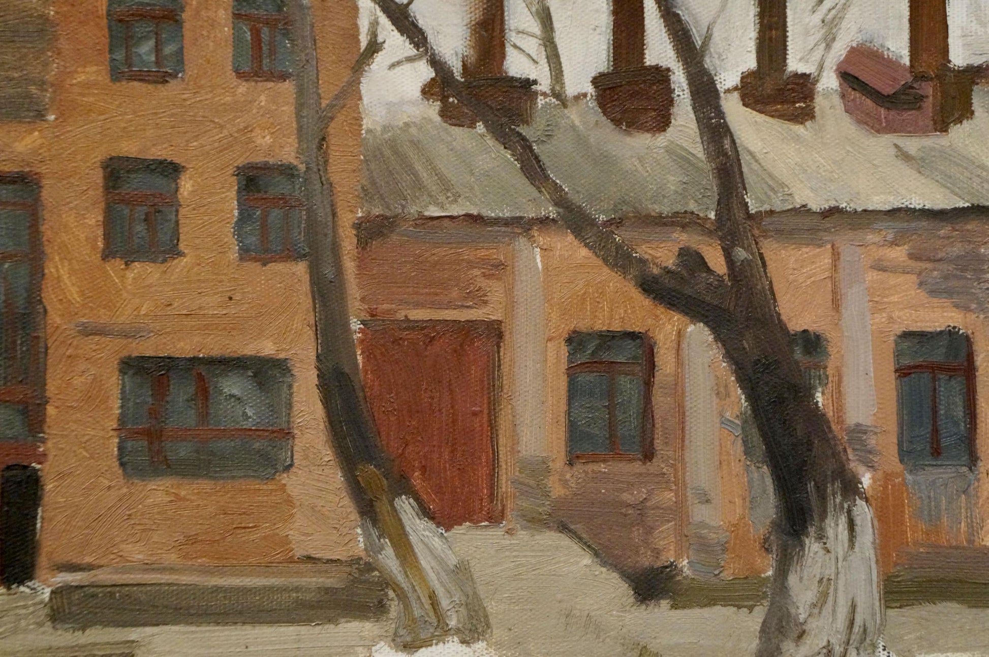 Winter oil painting by Chernikov Nikolay Vladimirovich of weathered tree before orange-brick building