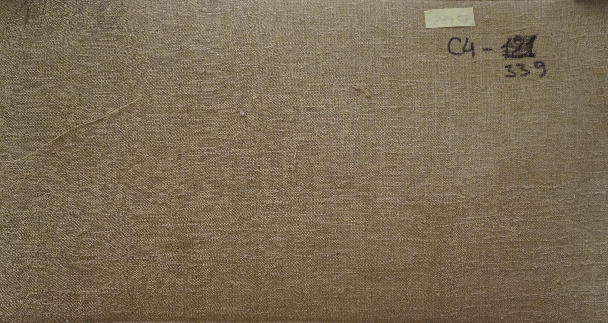 Back of Oil painting In winter by Chernikov Nikolay Vladimirovich with beige canvas, handwritten label and sticker
