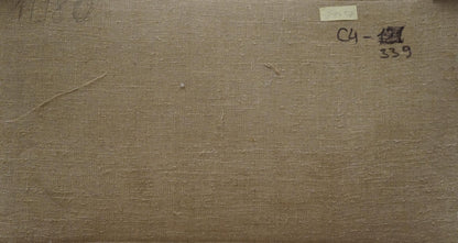 Back of Oil painting In winter by Chernikov Nikolay Vladimirovich with beige canvas, handwritten label and sticker