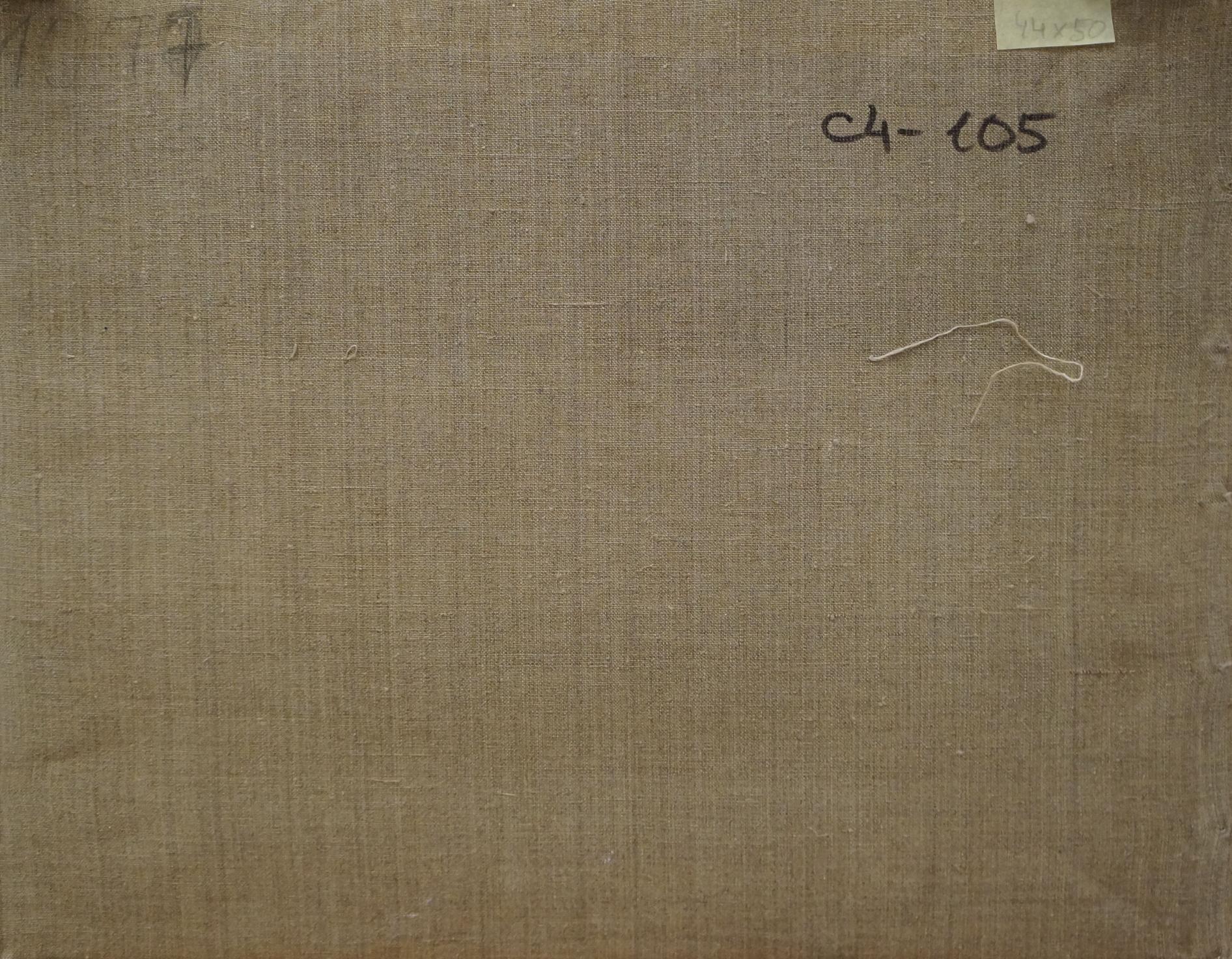 Back of Chernikov Nikolay Vladimirovich mountain landscape oil painting with brown canvas, handwritten label, white thread
